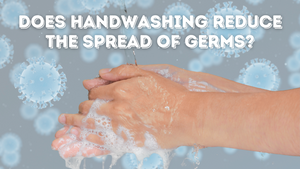 Soapy hands under running water with pattern of germs in background for All Portable Sinks blog on handwashing.