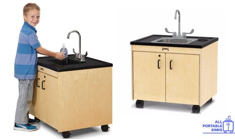 Jonti-craft clean hands helper portable sinks, one with child, one with stainless steel sink